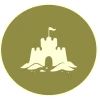A stylized silhouette of a castle on a small rocky island within a circular olive-green emblem.